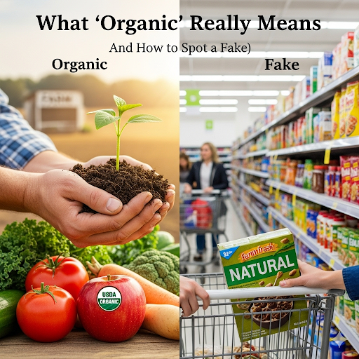 A stylized image showing a close-up of a hand holding fresh, organic vegetables, with a clear USDA Organic label visible on a product in the background.